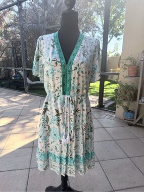 Summer Floral V Neck Drawstring Waist Boho Dress